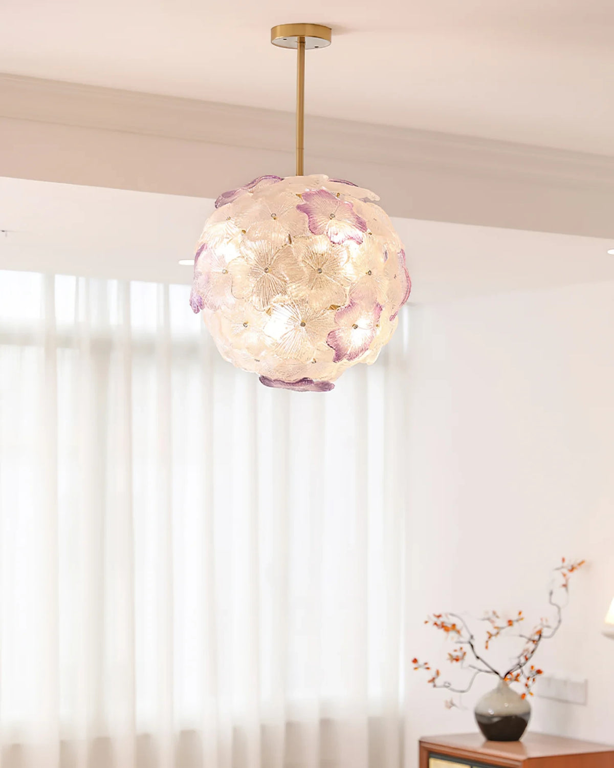 Modern Pink Hydrangea Petal Art Glass Globe Pendant Light in Bright Bedroom