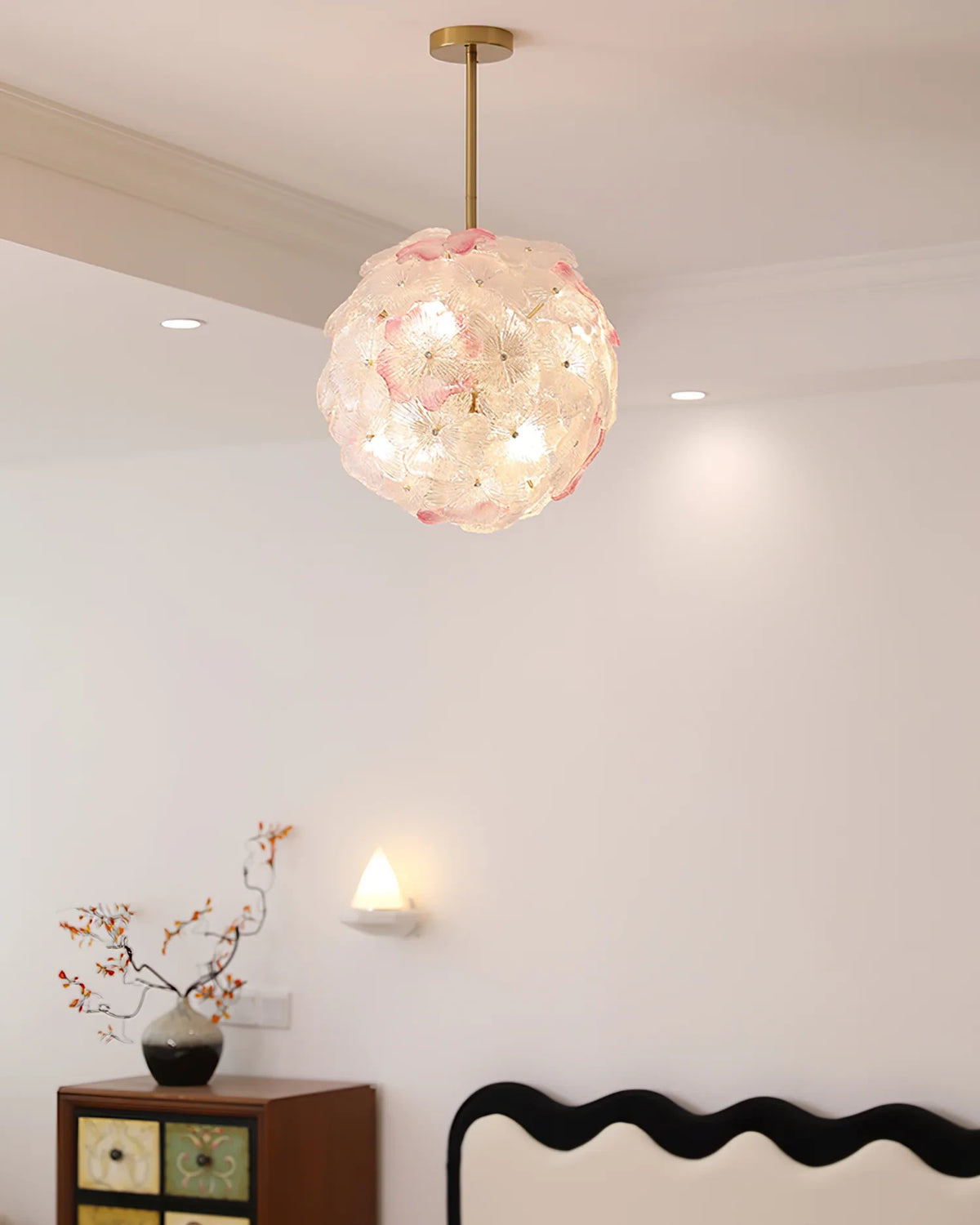 Modern Brass Pink Hydrangea Globe Pendant Light in Cozy Bedroom Setting