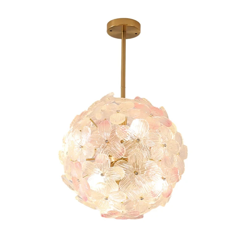 Illuminated Modern Pink Hydrangea Petal Art Glass Globe Pendant Light Studio Shot
