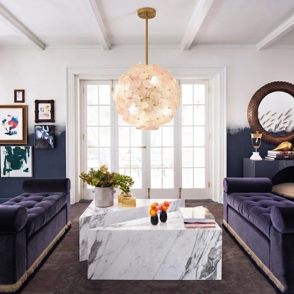 Modern Pink Hydrangea Petal Art Glass Globe Pendant Light in Luxury Living Room