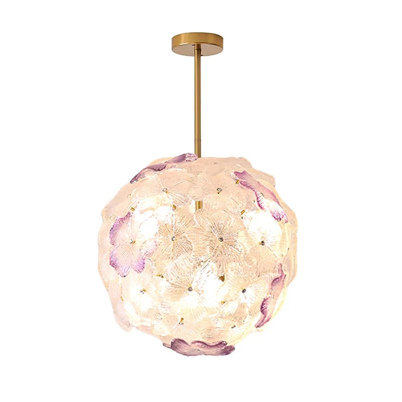 Illuminated Modern Purple Hydrangea Petal Art Glass Globe Pendant Light Studio Shot
