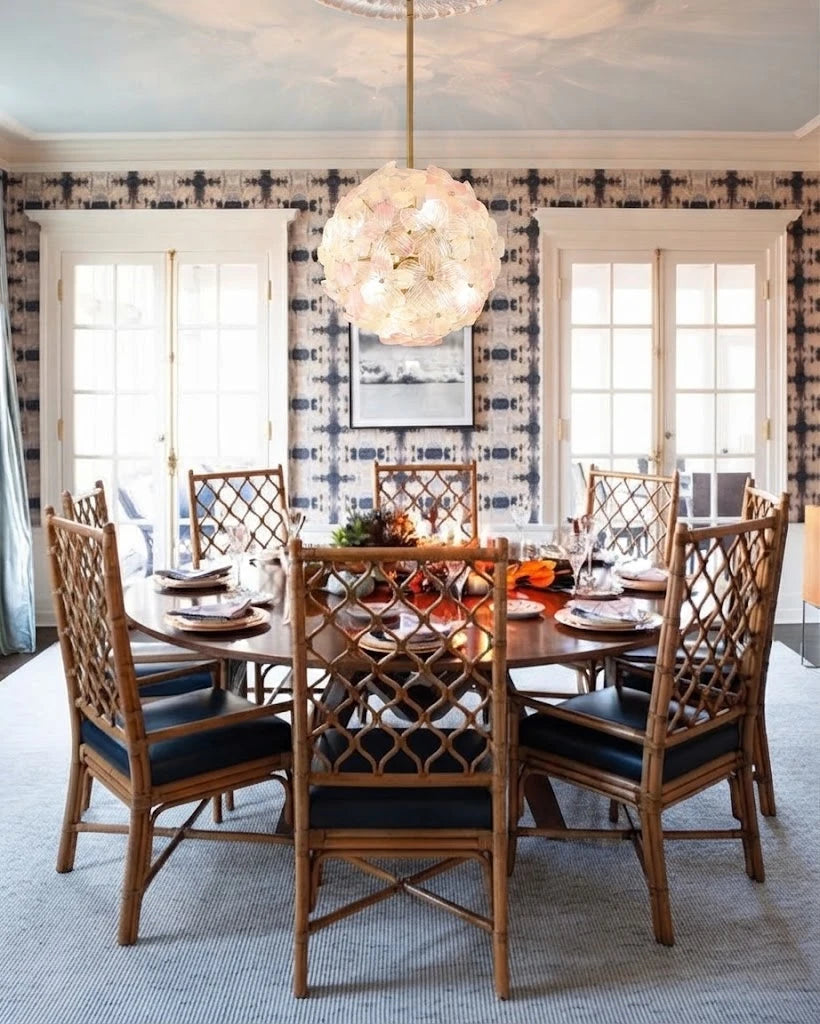 Modern Brass Pink Hydrangea Globe Pendant Light in Formal Dining Room