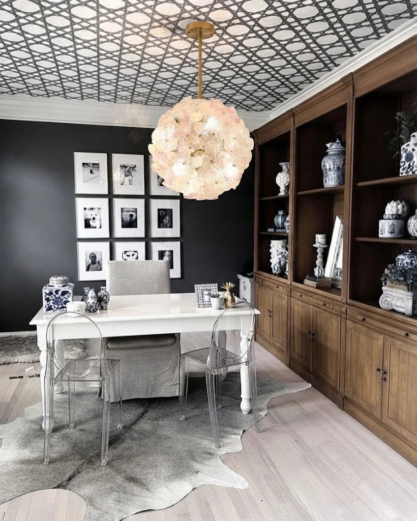 Modern Pink Hydrangea Petal Art Glass Globe Pendant Light in Classic Home Office
