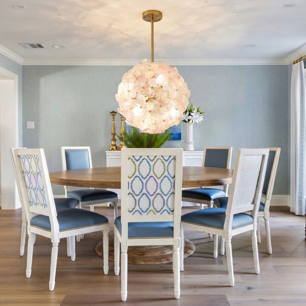 Modern Brass Pink Hydrangea Globe Pendant Light in Elegant Dining Area