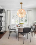 Modern Pink Hydrangea Petal Art Glass Globe Pendant Light Over Round Dining Table