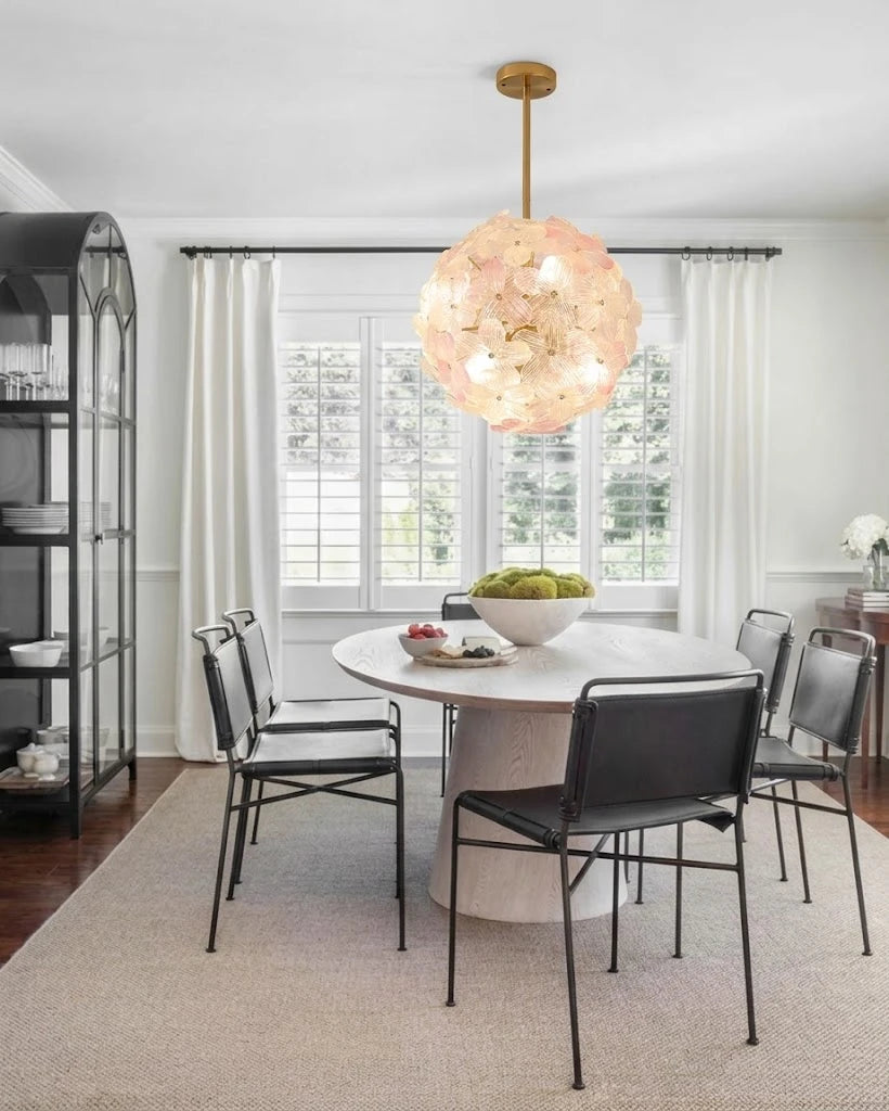 Modern Pink Hydrangea Petal Art Glass Globe Pendant Light Over Round Dining Table
