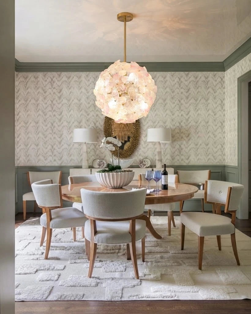 Modern Brass Pink Hydrangea Globe Pendant Light in Open Plan Dining Setting