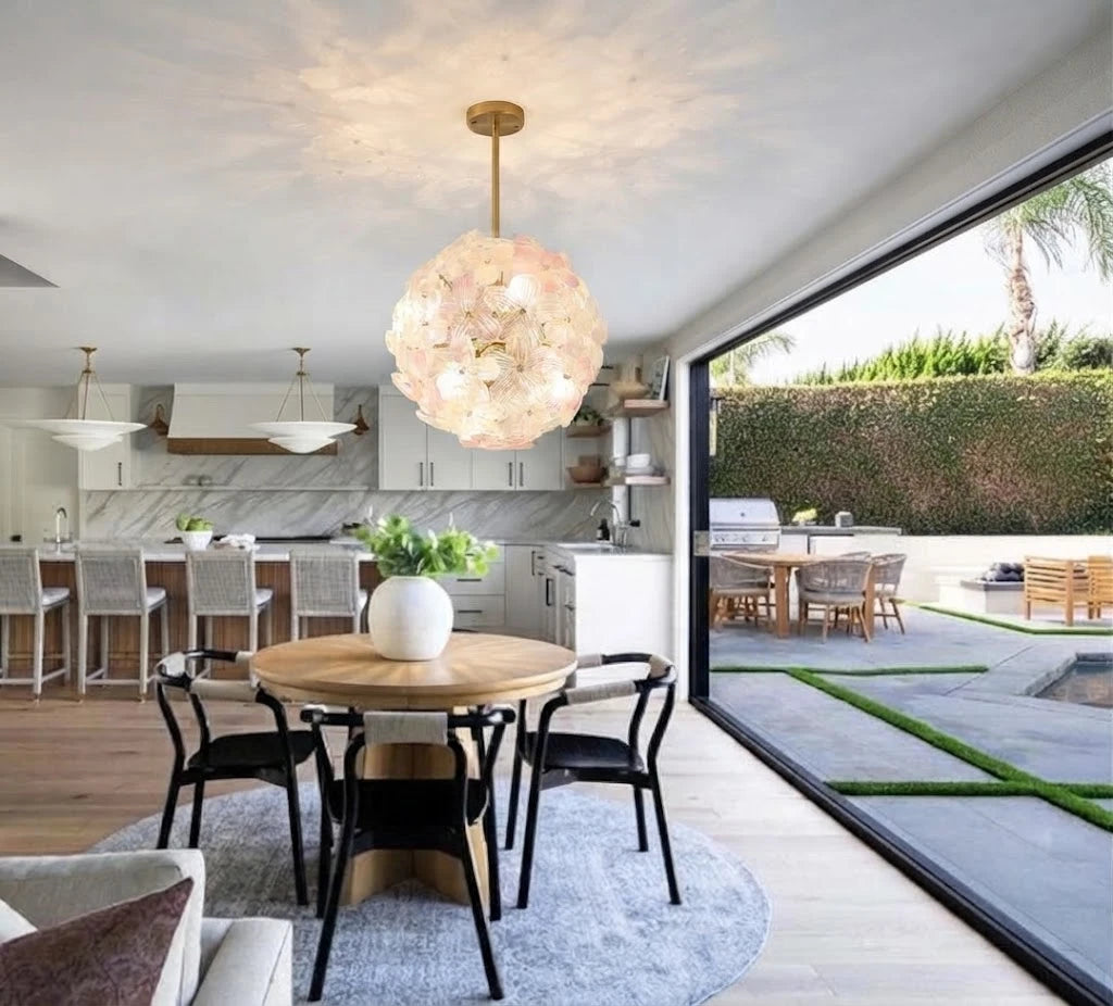 Modern Pink Hydrangea Petal Art Glass Globe Pendant Light in Open Plan Kitchen Dining