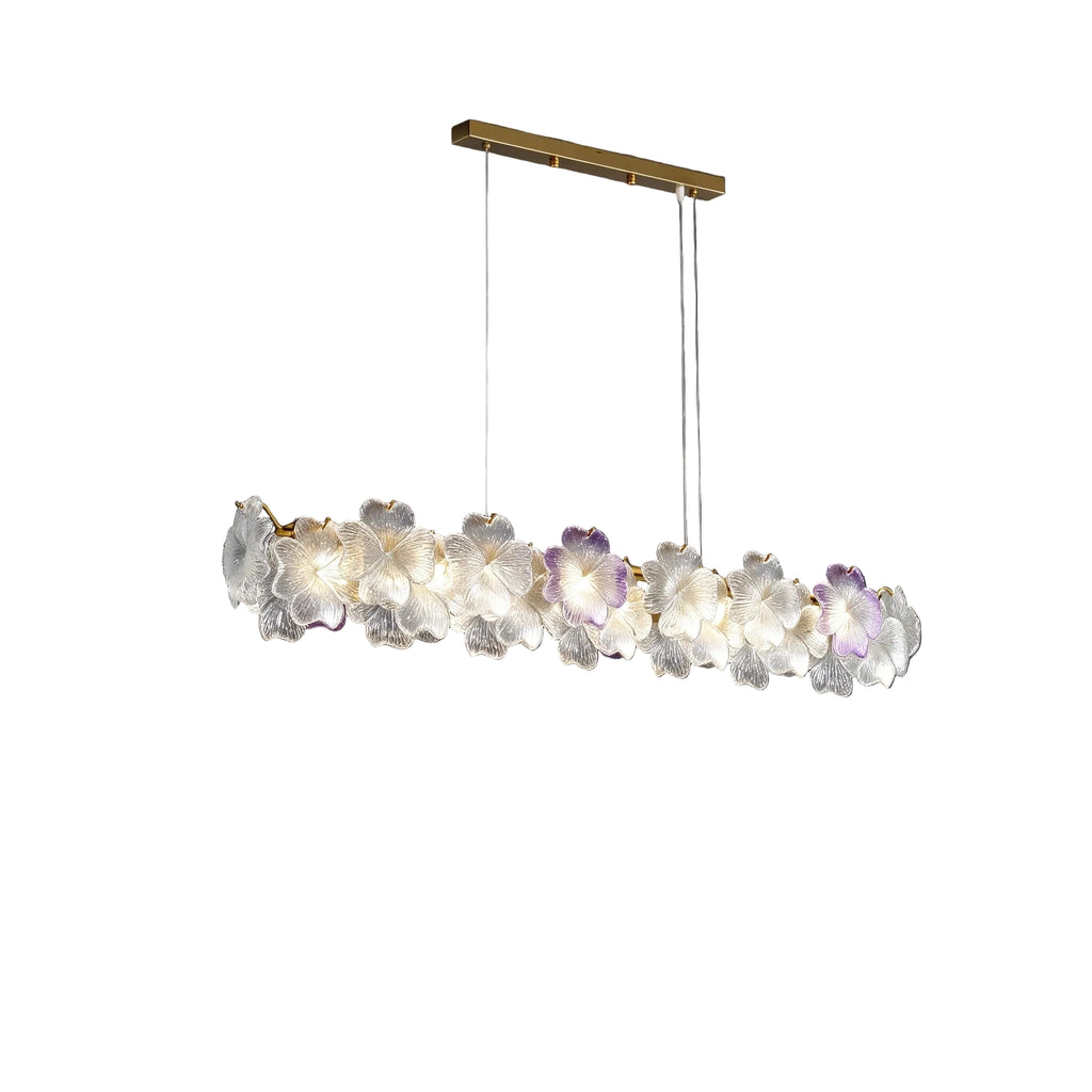 Modern Brass and Pink-Purple Hydrangea Petal Art Glass Linear Chandelier with Gold Canopy on Pure White Background