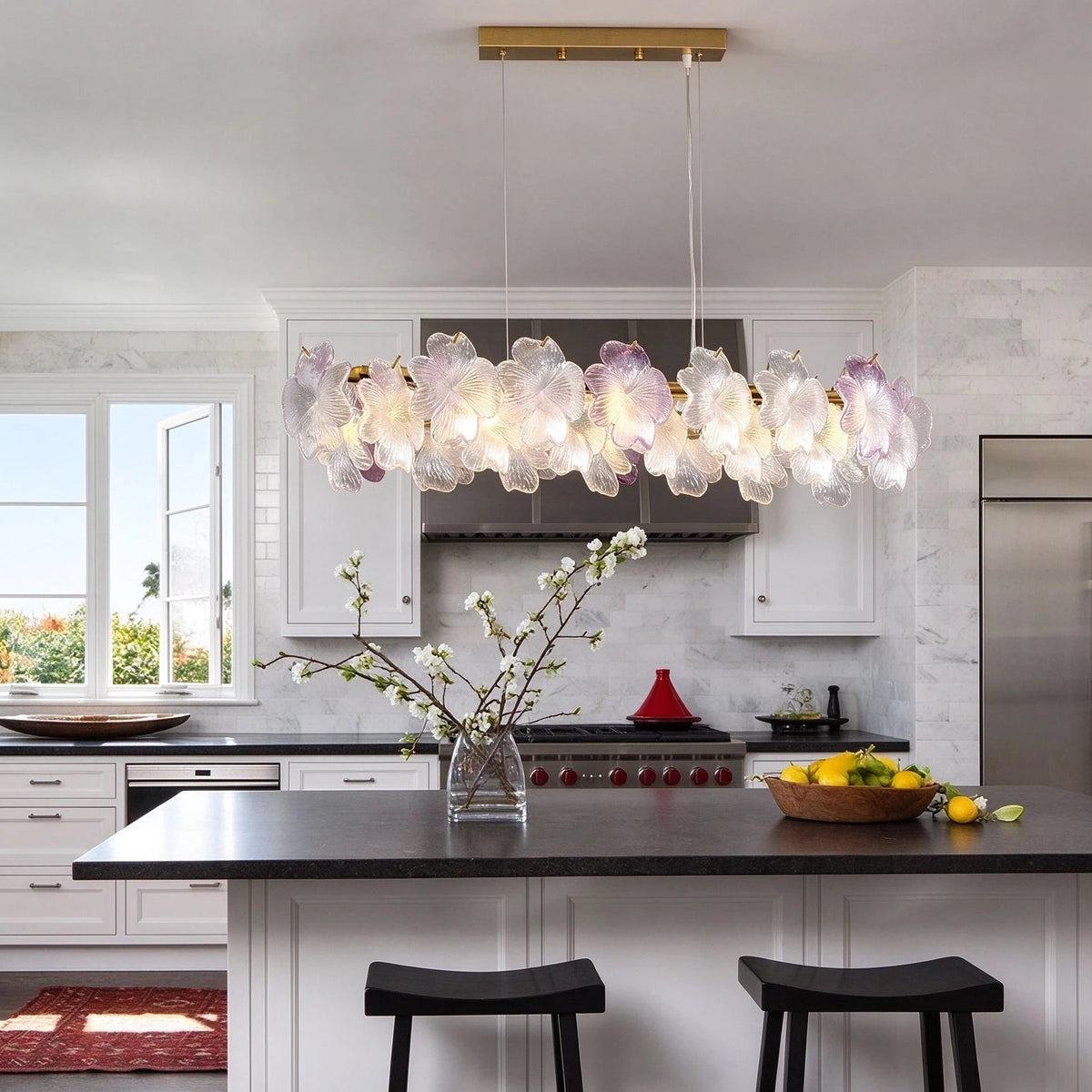 Modern Pink-Purple Hydrangea Petal Art Glass Linear Chandelier Over Kitchen Island