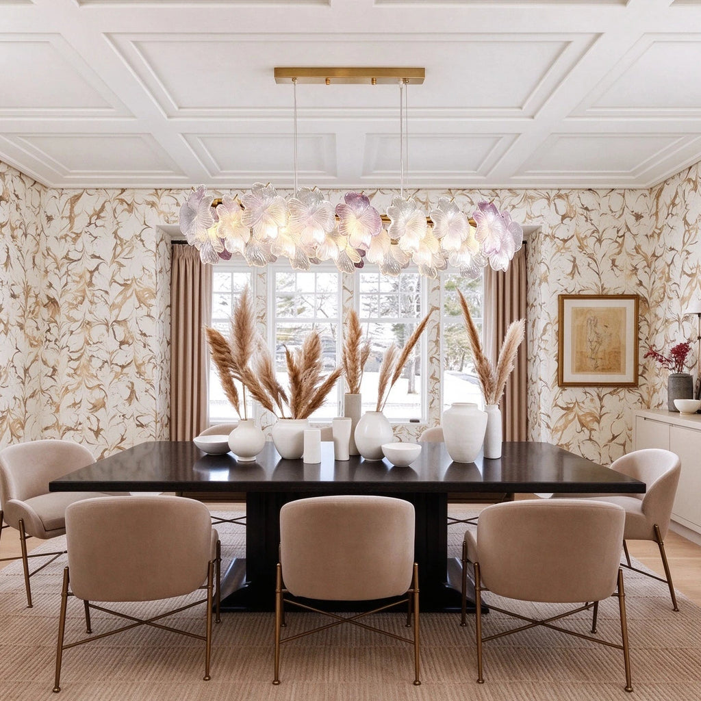 Modern Brass Hydrangea Petal Linear Chandelier in Open Plan Dining Setting