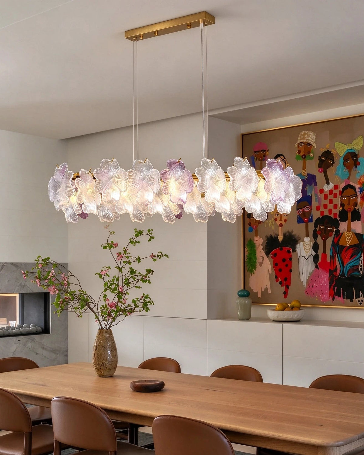 Modern Pink-Purple Hydrangea Petal Art Glass Linear Chandelier in Stylish Dining Space