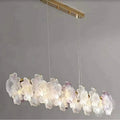 Illuminated Modern Brass and Pink-Purple Hydrangea Petal Art Glass Linear Chandelier Studio Shot