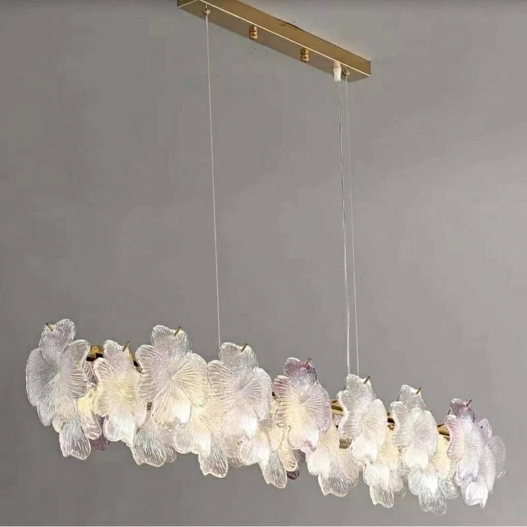Illuminated Modern Brass and Pink-Purple Hydrangea Petal Art Glass Linear Chandelier Studio Shot