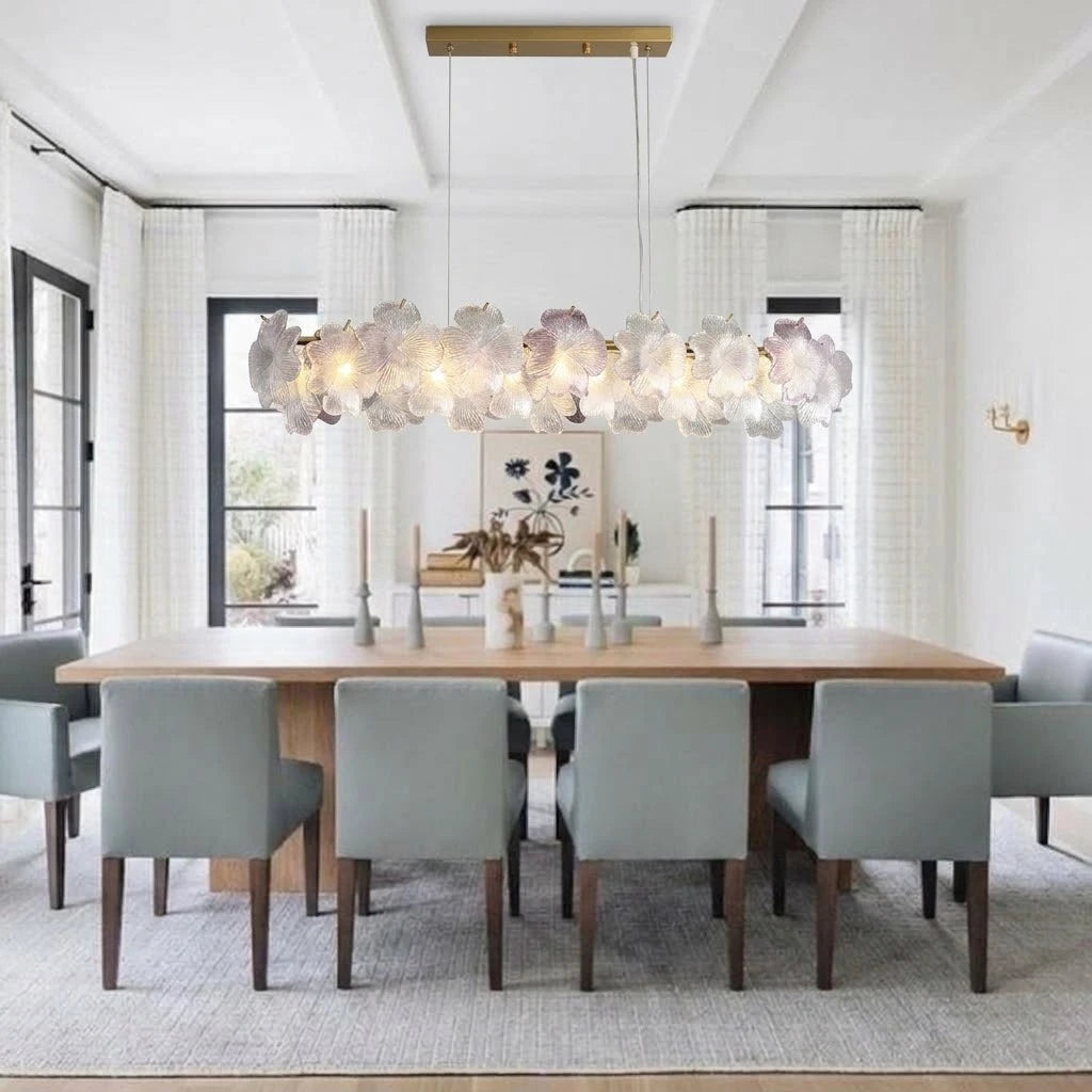 Modern Pink-Purple Hydrangea Petal Art Glass Linear Chandelier in Formal Dining Room