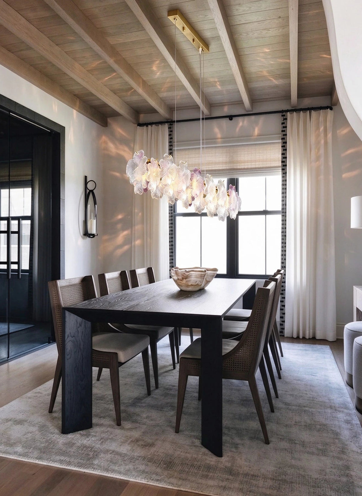 Modern Brass Hydrangea Petal Linear Chandelier in Cozy Dining Space