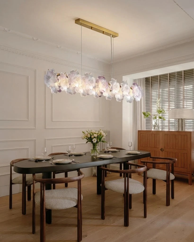 Modern Pink-Purple Hydrangea Petal Art Glass Linear Chandelier in Contemporary Dining Area