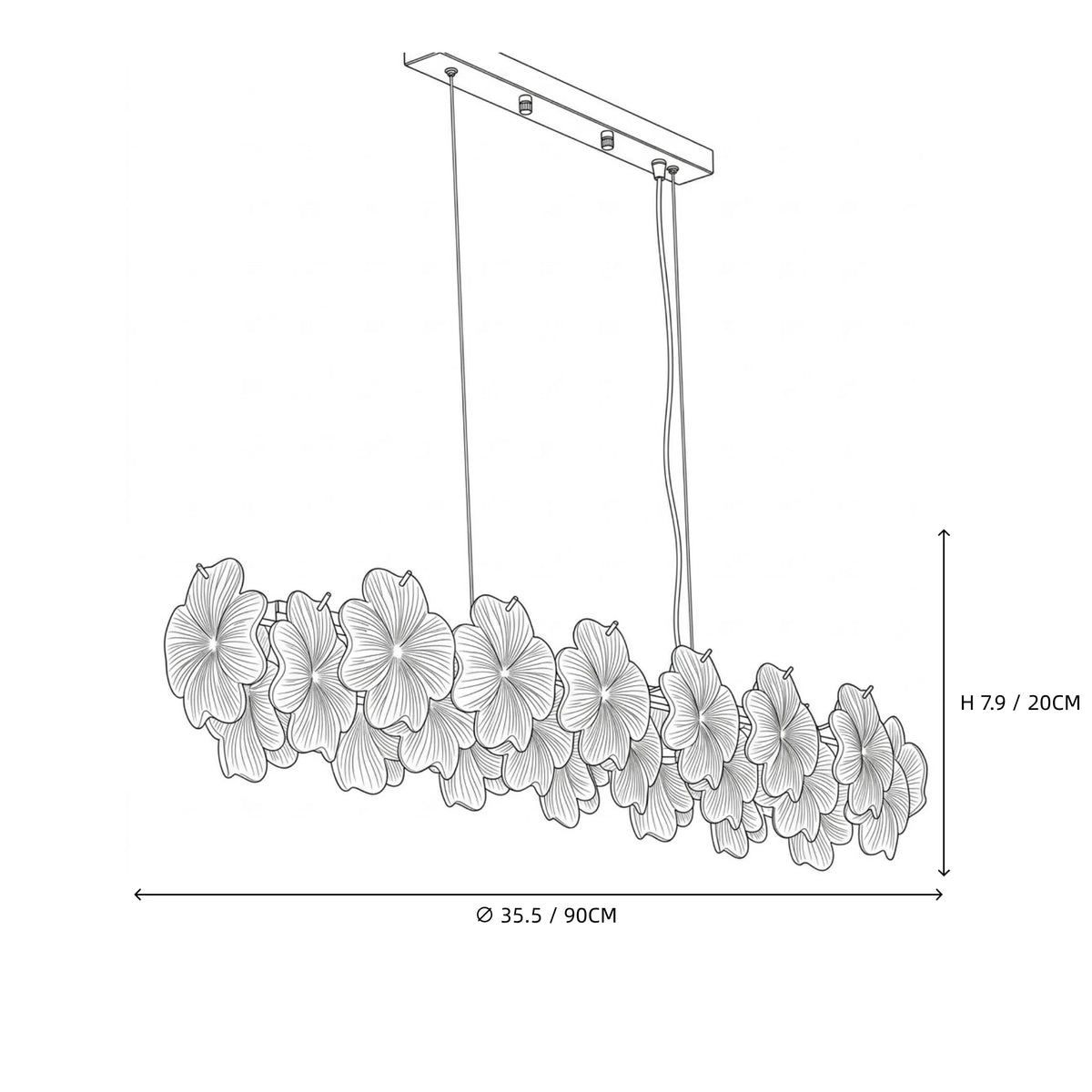Modern Pink-Purple Hydrangea Petal Art Glass Linear Chandelier Line Art Dimension Diagram