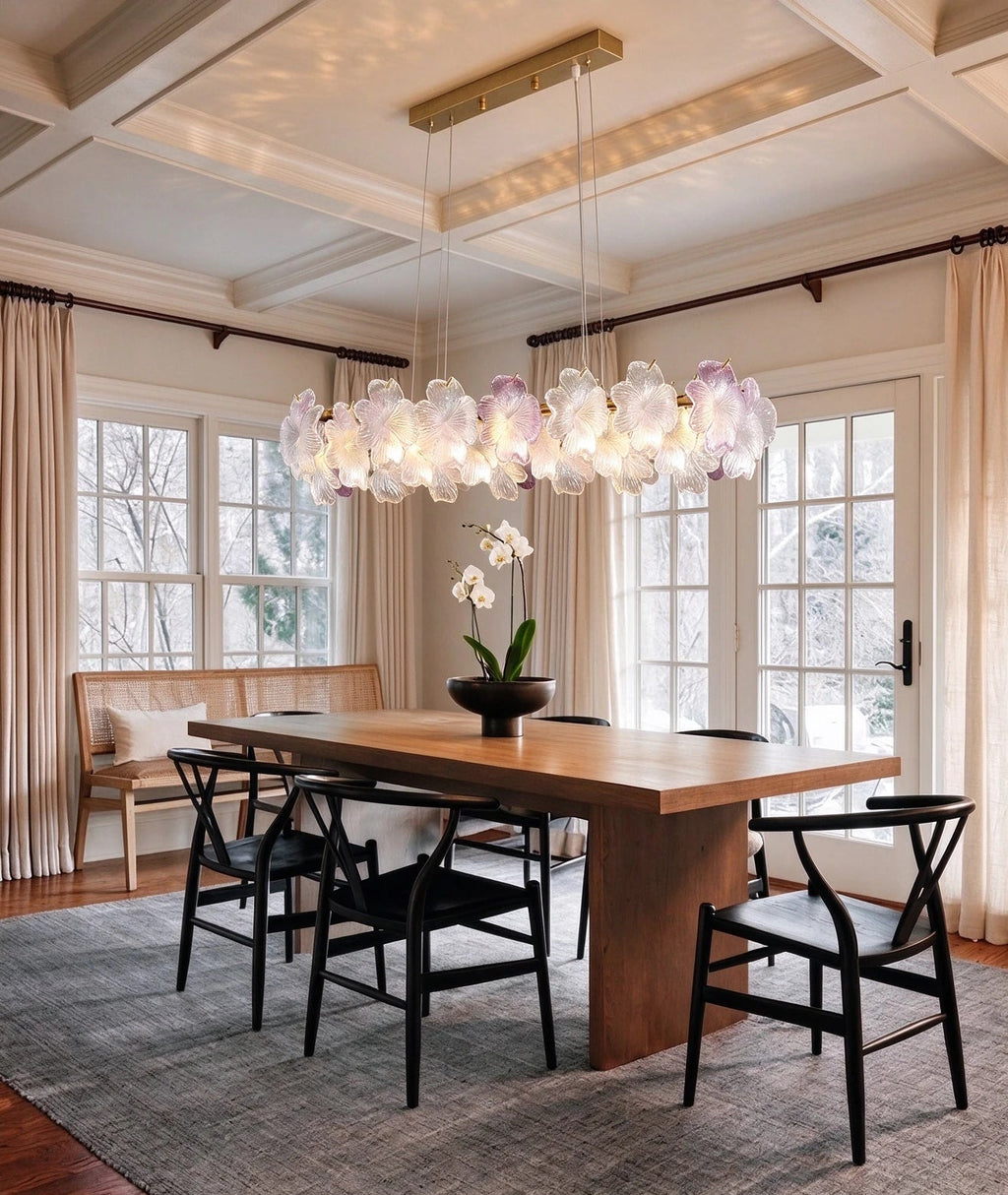 Modern Pink-Purple Hydrangea Petal Art Glass Linear Chandelier in Dining Room