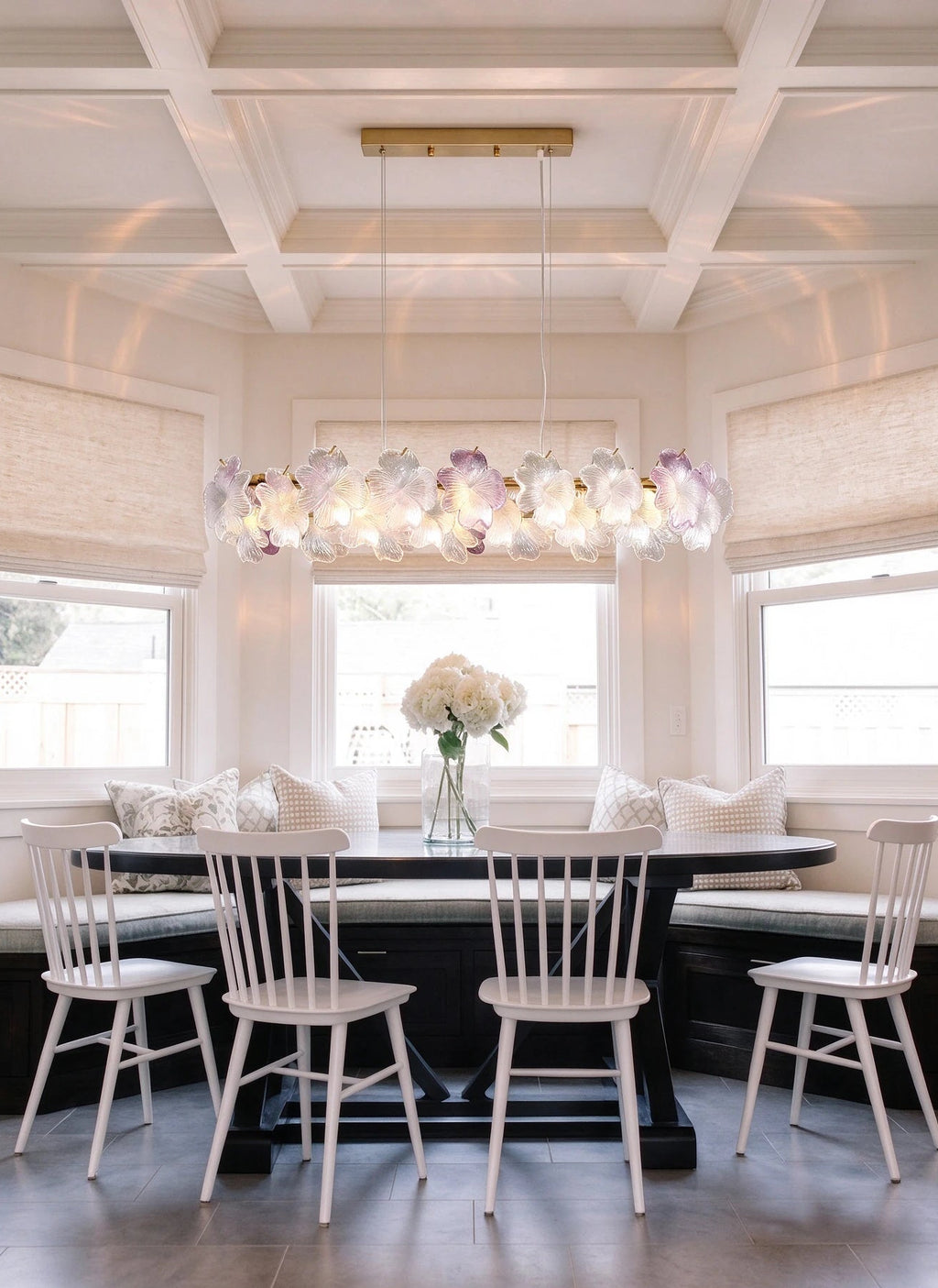 Modern Pink-Purple Hydrangea Petal Art Glass Linear Chandelier Over Dining Nook