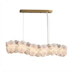 Modern Brass and Multi-Color Hydrangea Petal Art Glass Linear Chandelier with Gold Canopy on Pure White Background