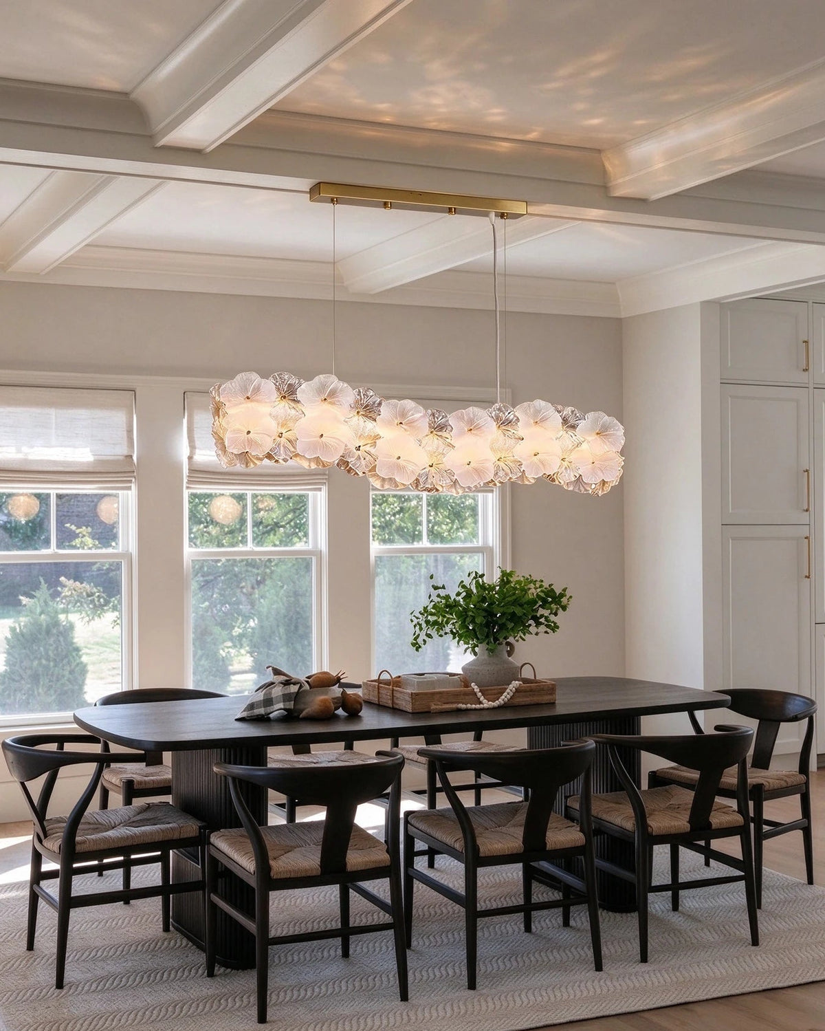 Modern Hydrangea Petal Art Glass Linear Chandelier in Classic Dining Setting