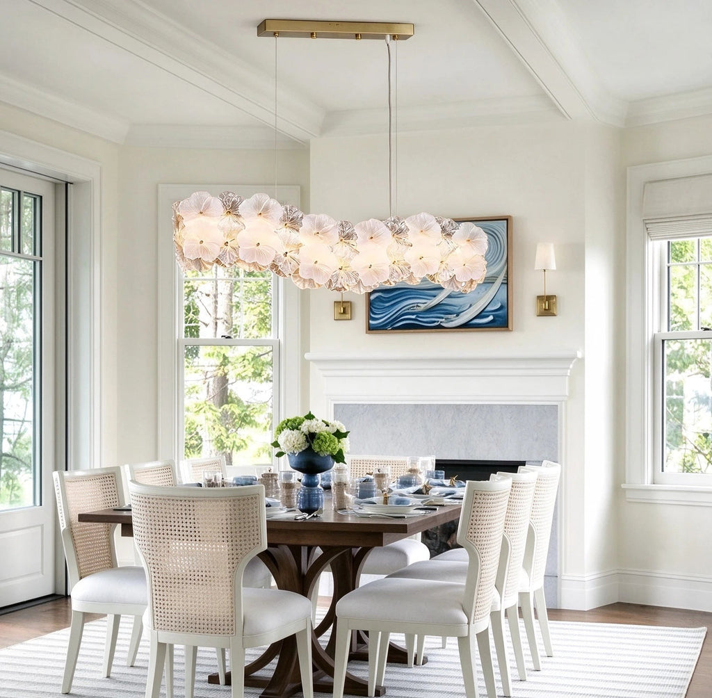 Modern Brass Hydrangea Petal Linear Chandelier in Contemporary Dining Area