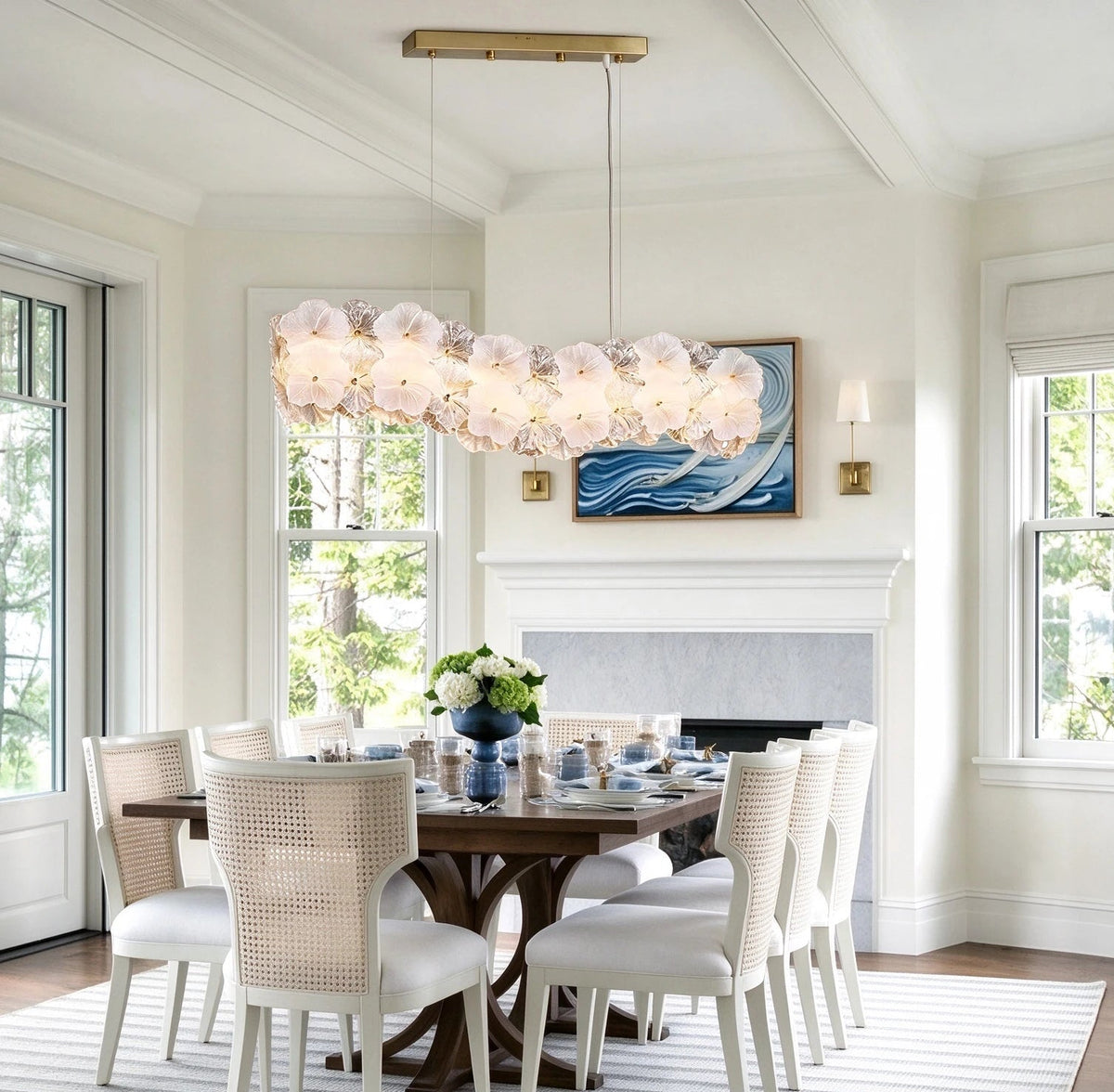 Modern Brass Hydrangea Petal Linear Chandelier in Contemporary Dining Area