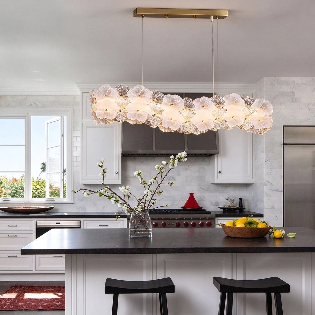 Modern Hydrangea Petal Art Glass Linear Chandelier Over Kitchen Breakfast Bar