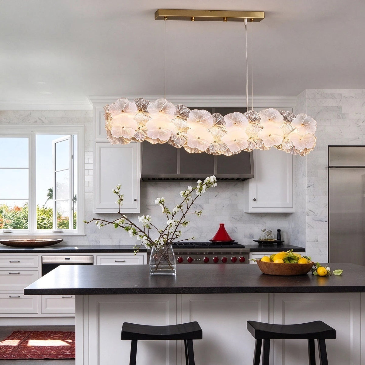 Modern Hydrangea Petal Art Glass Linear Chandelier Over Kitchen Breakfast Bar