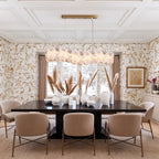 Modern Brass Hydrangea Petal Linear Chandelier in Open Plan Dining Setting