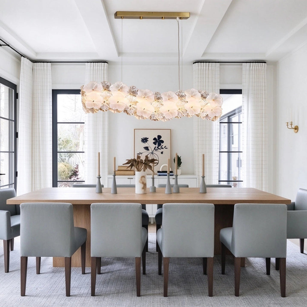 Modern Hydrangea Petal Art Glass Linear Chandelier in Luxury Dining Room