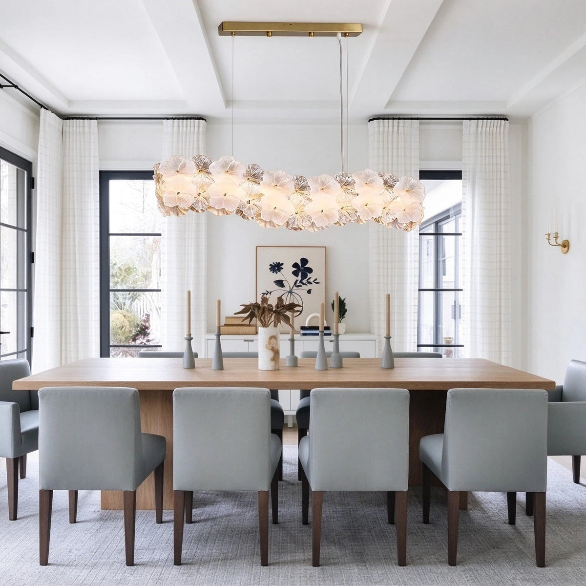 Modern Hydrangea Petal Art Glass Linear Chandelier in Luxury Dining Room