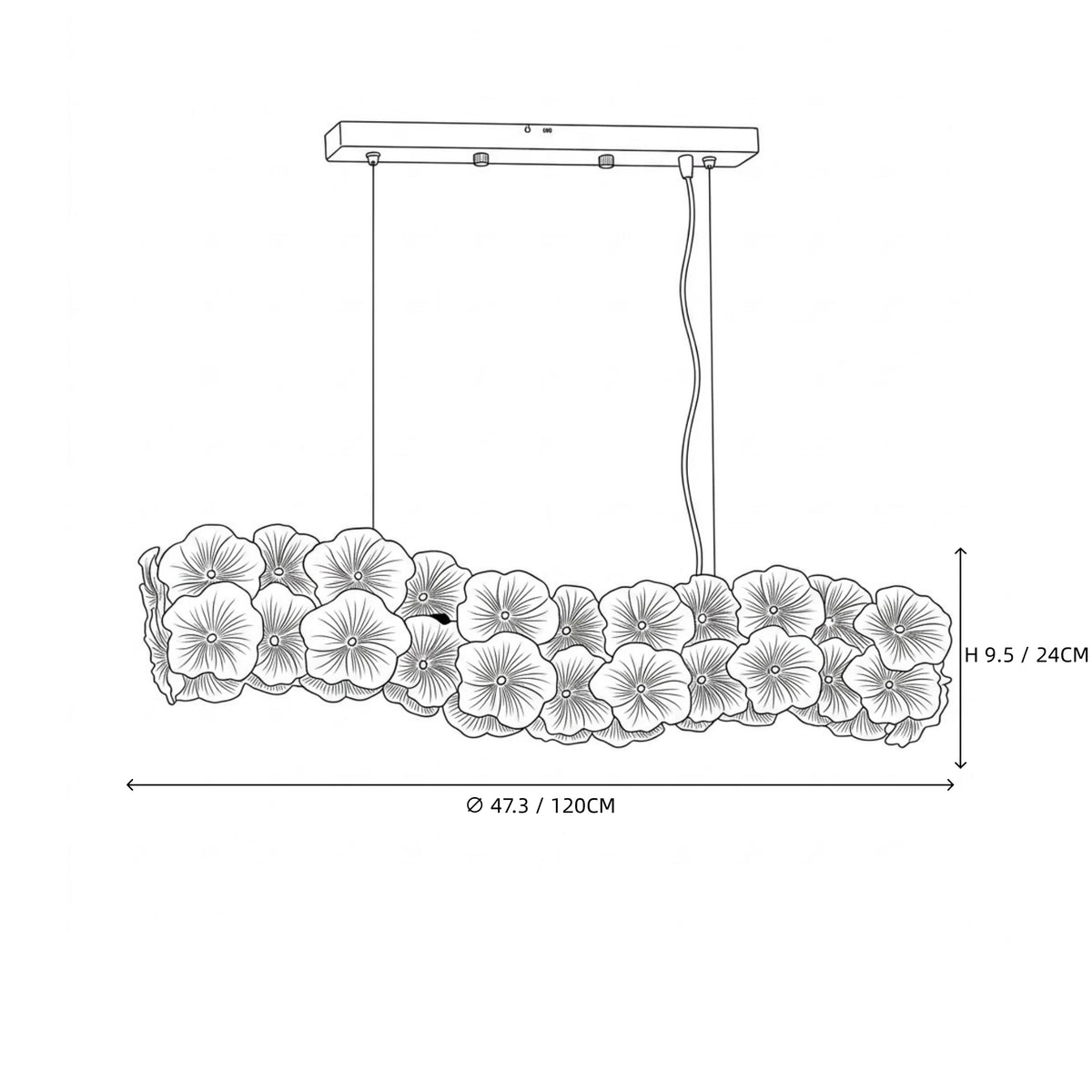 Modern Hydrangea Petal Art Glass Linear Chandelier Line Art Dimension Diagram