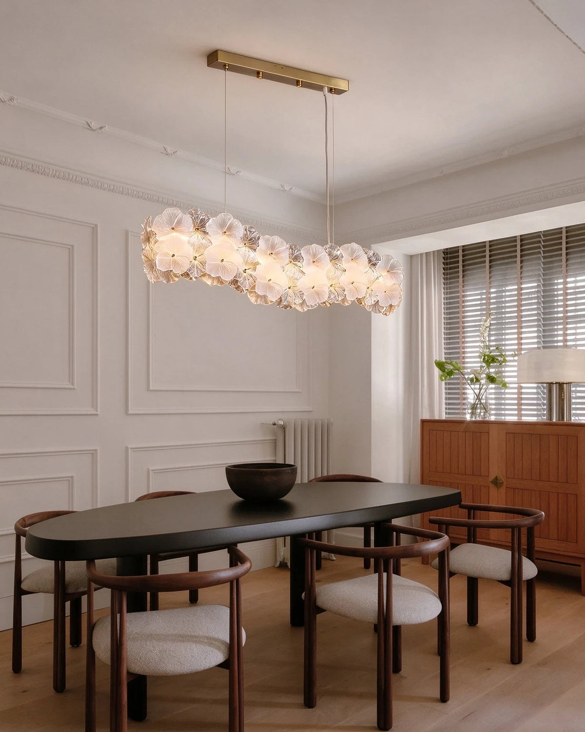 Modern Hydrangea Petal Art Glass Linear Chandelier in Minimalist Dining Room