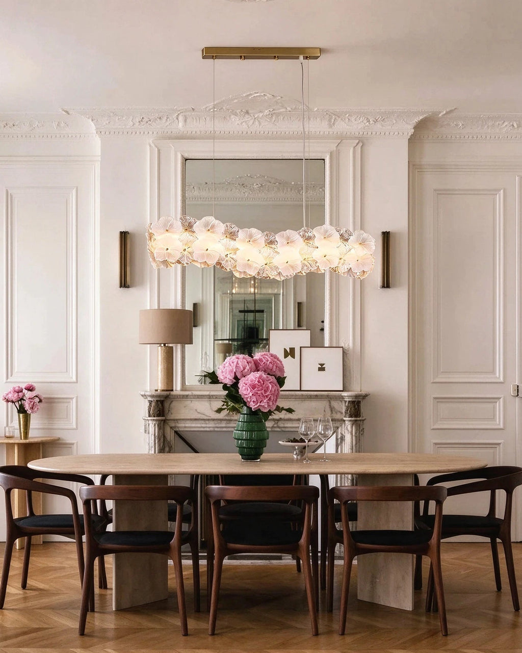 Modern Brass Hydrangea Petal Linear Chandelier in Elegant Dining Setting