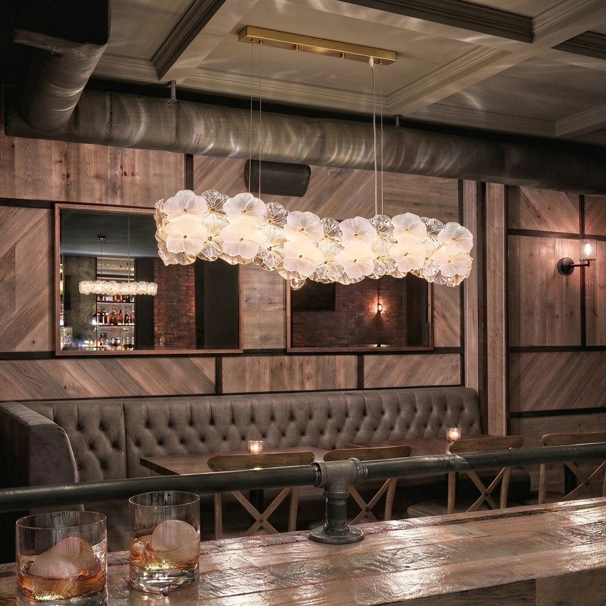 Modern Hydrangea Petal Art Glass Linear Chandelier in Retro Lounge Bar Setting