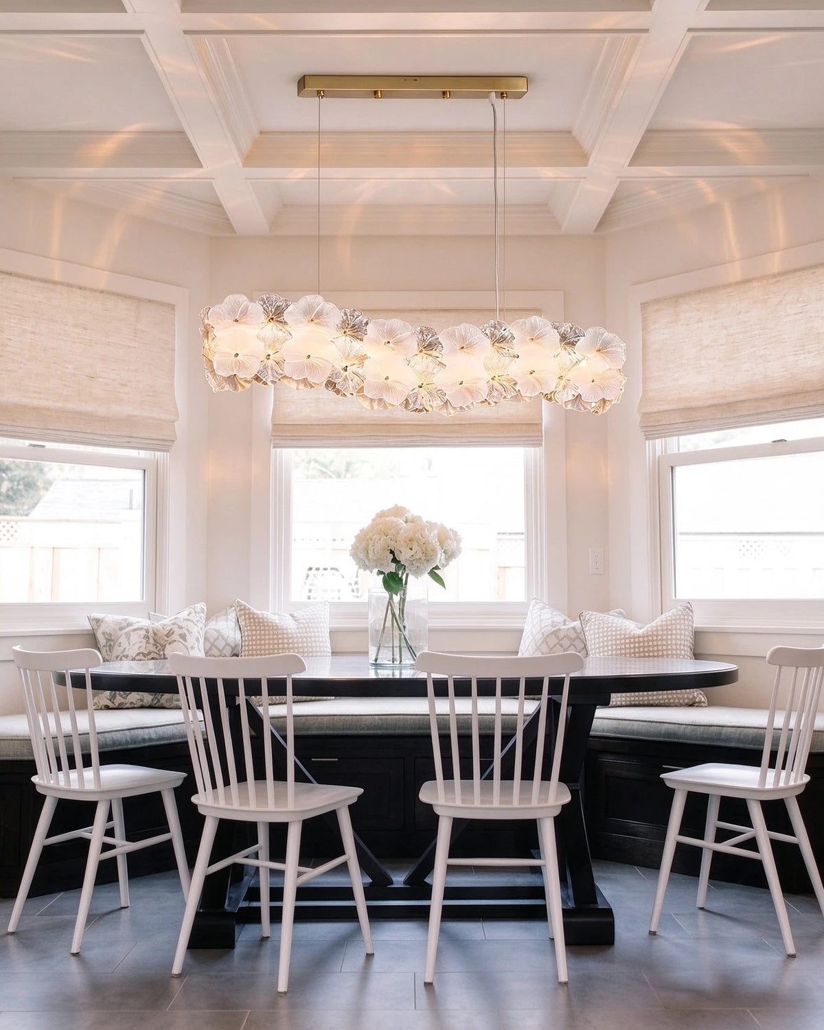 Modern Brass Hydrangea Petal Linear Chandelier in Formal Dining Room