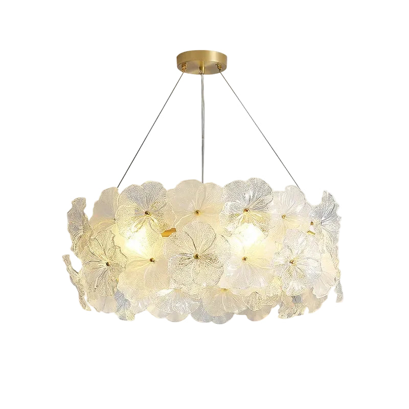 Modern Brass and White Hydrangea Petal Art Glass Chandelier with Gold Canopy on Pure White Background