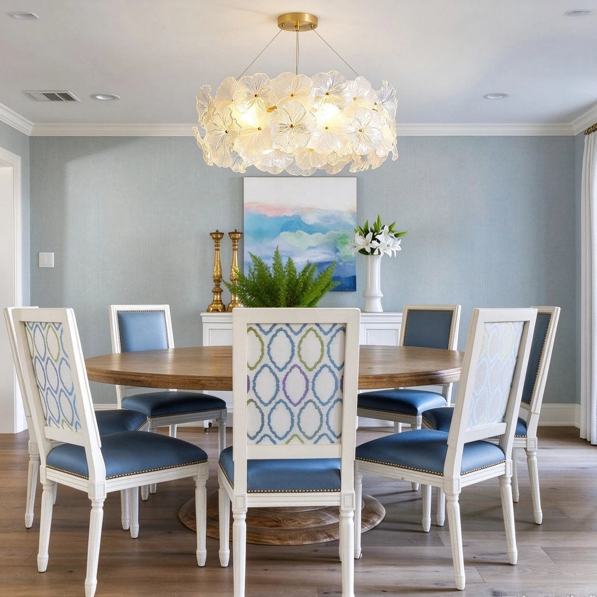 Modern Brass Hydrangea Chandelier Over Round Dining Table