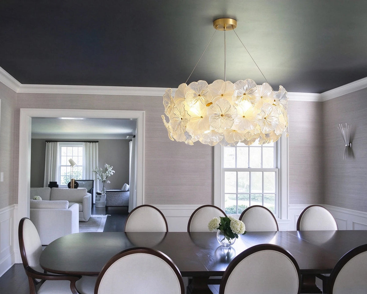 Modern White Hydrangea Petal Art Glass Chandelier in Elegant Dining Setting