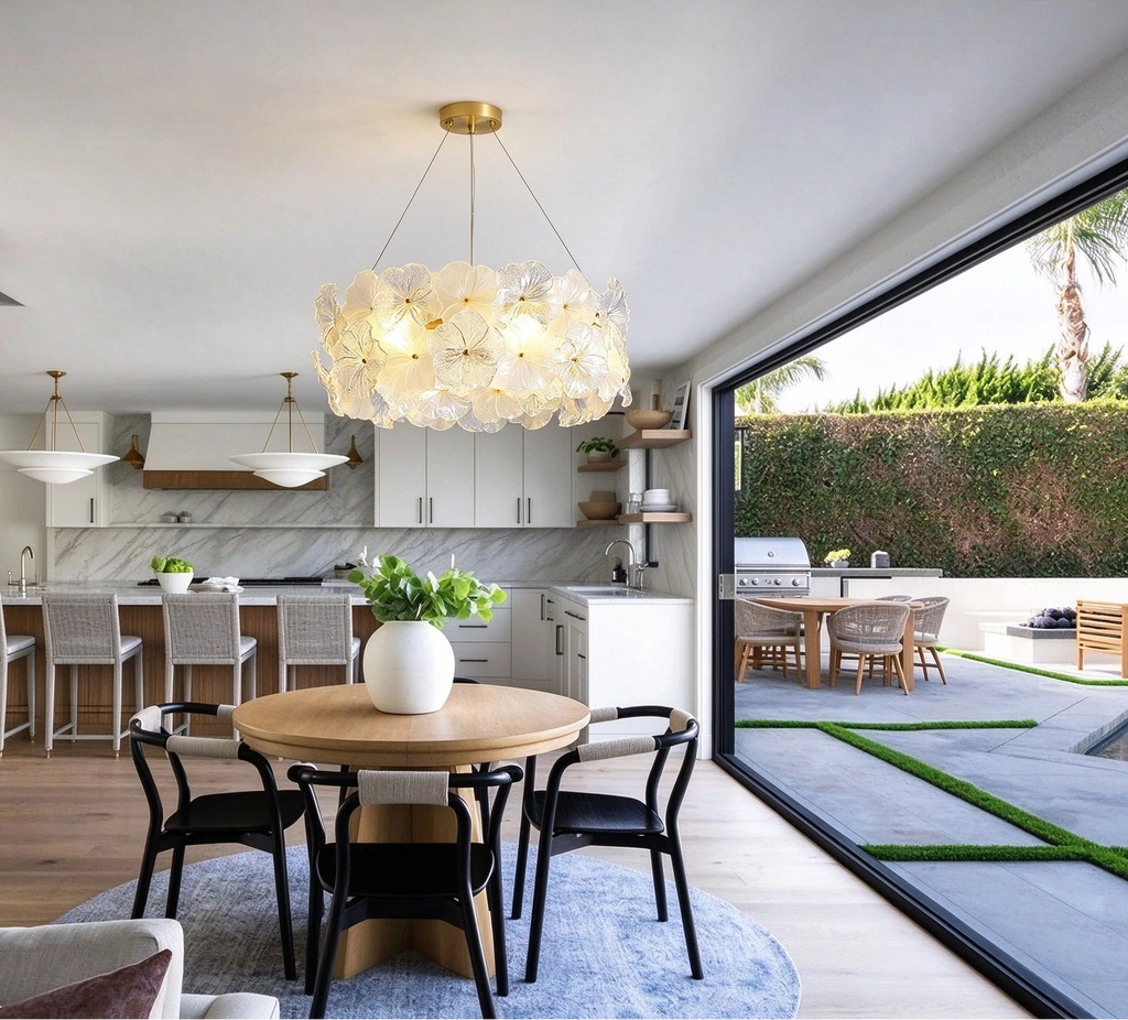 Modern Brass Hydrangea Chandelier in Open Plan Kitchen Dining