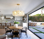 Modern Brass Hydrangea Chandelier in Open Plan Kitchen Dining