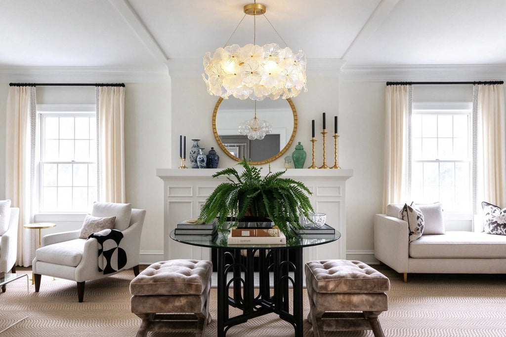 Modern White Hydrangea Petal Art Glass Chandelier in Grand Hallway Foyer