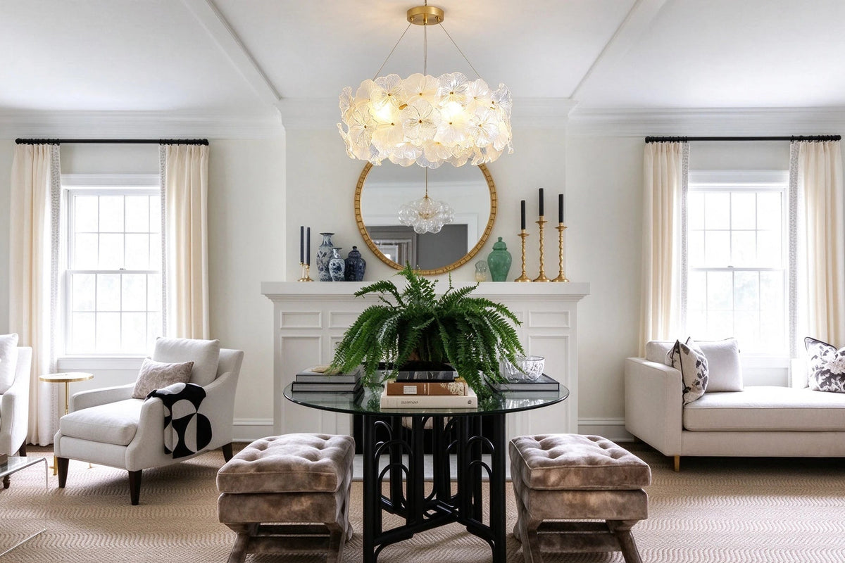 Modern White Hydrangea Petal Art Glass Chandelier in Grand Hallway Foyer