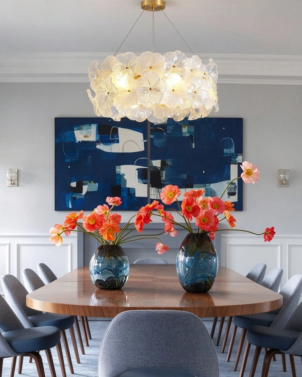 Modern Brass Hydrangea Chandelier in Cozy Dining Space