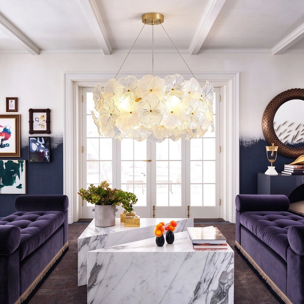 Modern White Hydrangea Petal Art Glass Chandelier in Stylish Living Room