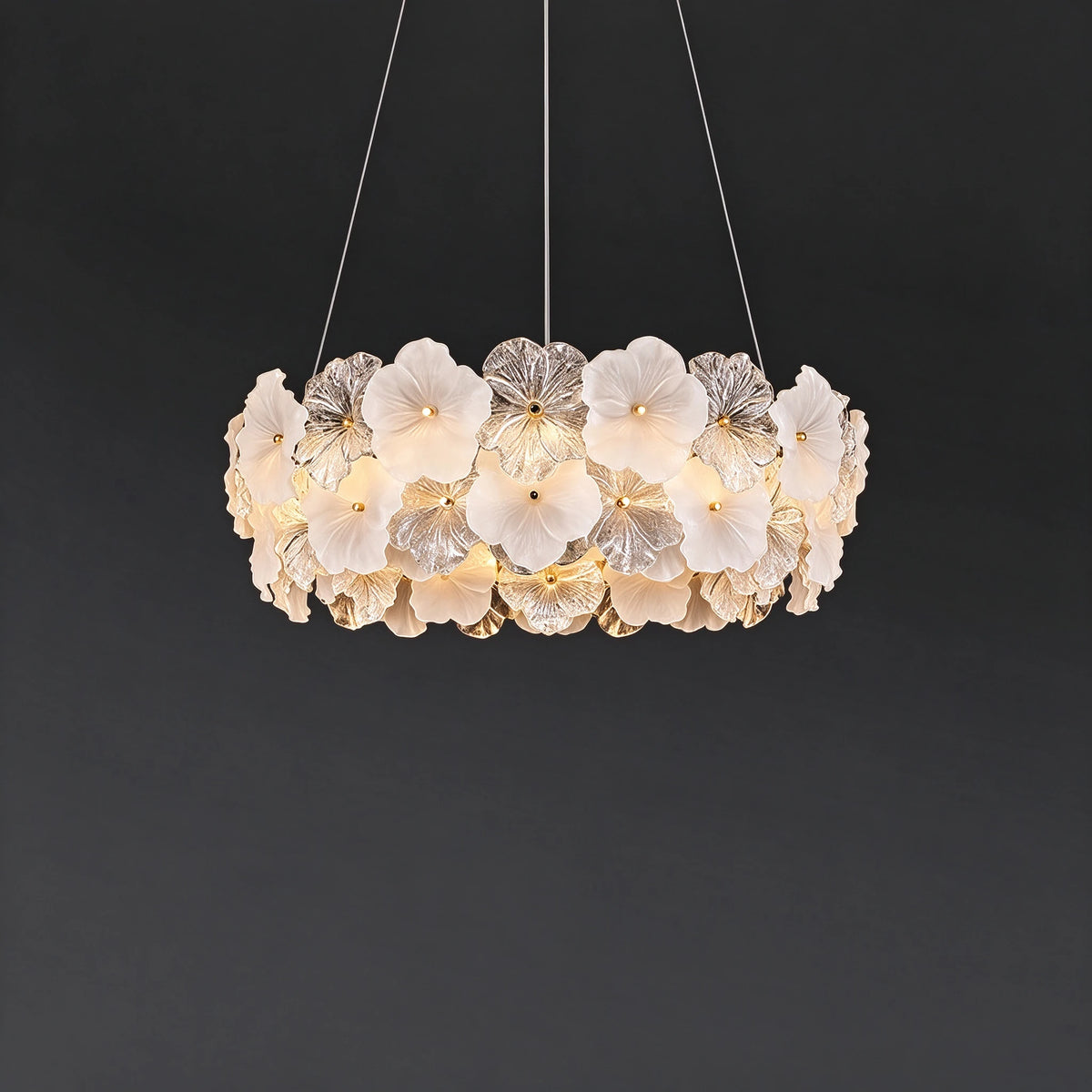 Illuminated Modern Brass Hydrangea Petal Chandelier Studio Display on Black Background