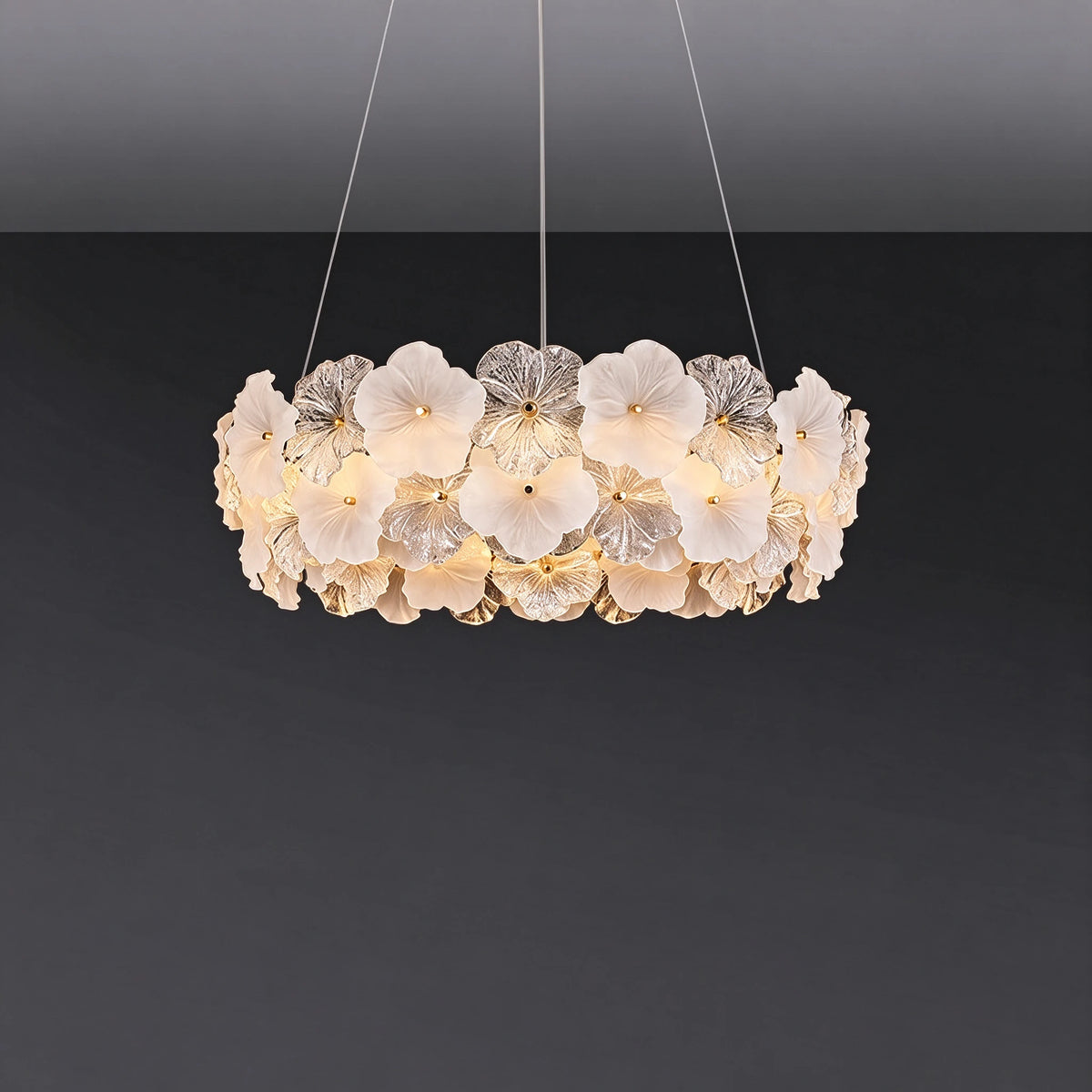 Illuminated Modern Brass Hydrangea Chandelier Large Size Studio Display on Black Background