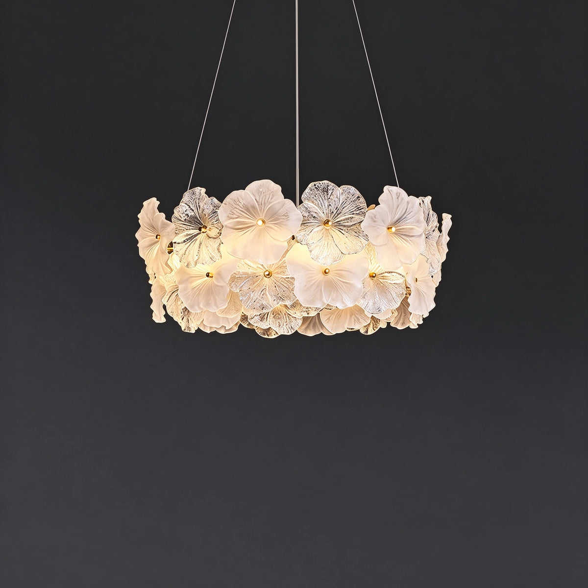 Illuminated Modern White Hydrangea Petal Art Glass Chandelier Studio Shot on Dark Background